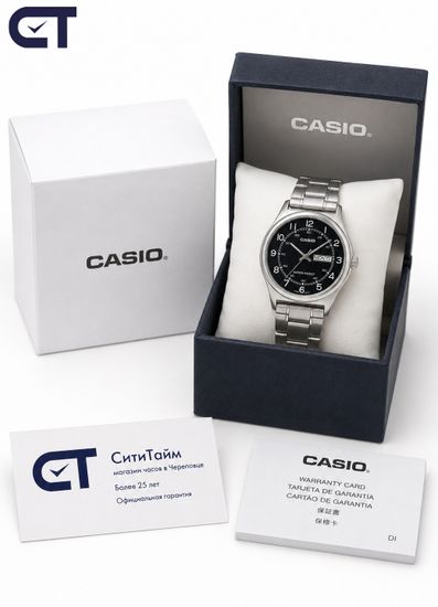Casio MTP-V006D-1B2 General часы наручные мужские — чёрный циферблат, календарь и стальной браслет