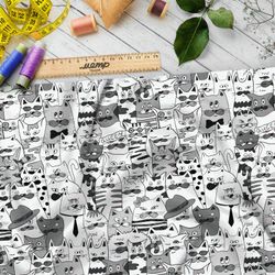 Ткань шифон бело-серые коты из мультиков