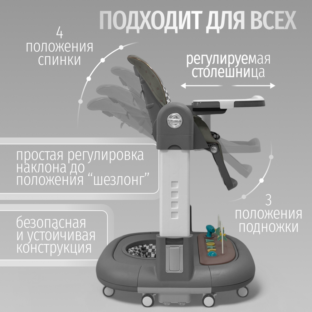 Стульчик для кормления, ходунки, качели 5в1 Bubago William серый