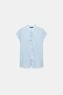 ZARA БЛУЗА В ПОЛОСКУ С БЛЕСТЯЩЕЙ НИТЬЮ И ЗАВЯЗКАМИ, СИНИЙ/БЕЛЫЙ