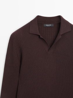 Massimo Dutti Трикотажный свитер из смесового хлопка с воротником-поло, бордо