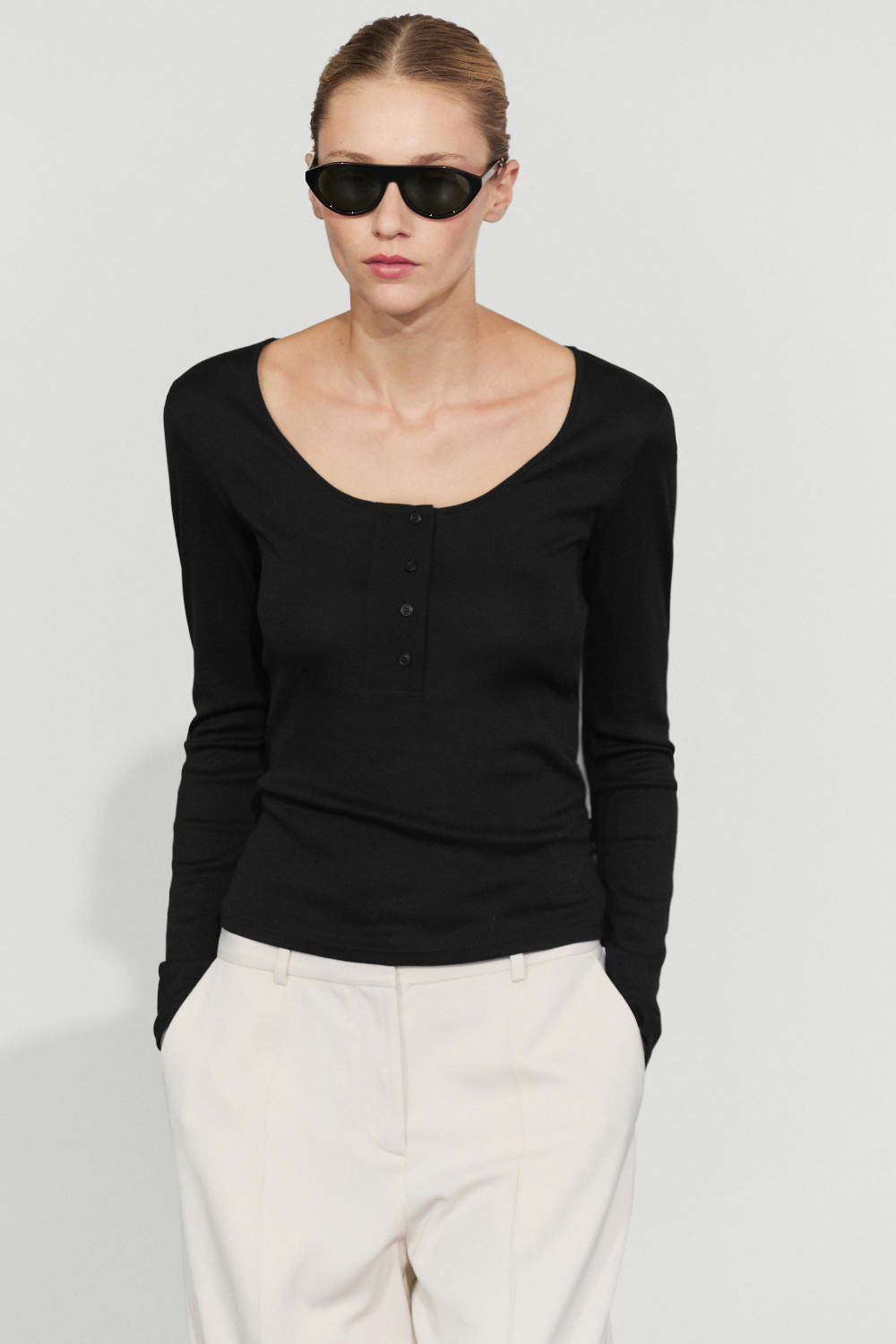 Massimo Dutti Футболка из 100% хлопка с планкой на пуговицах, черный