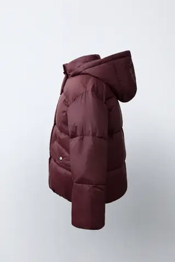 ZARA СТЕГАНАЯ КУРТКА WATER-REPELLENT С КАПЮШОНОМ, БУРГУНДИ