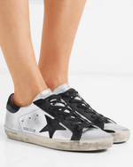 Кеды Golden Goose Superstar distressed metallic leather and suede sneakers