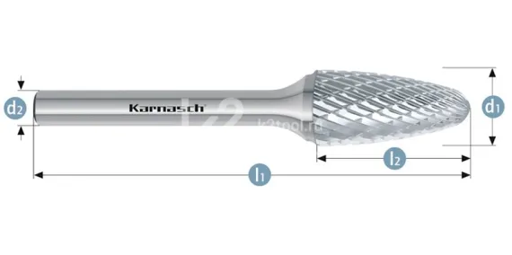 Борфреза твердосплавная Karnasch форма F (парабола с закругленной головкой), 3х6х3х38 мм, универсальная насечка HP-3, без покрытия, арт. 11.3051-007