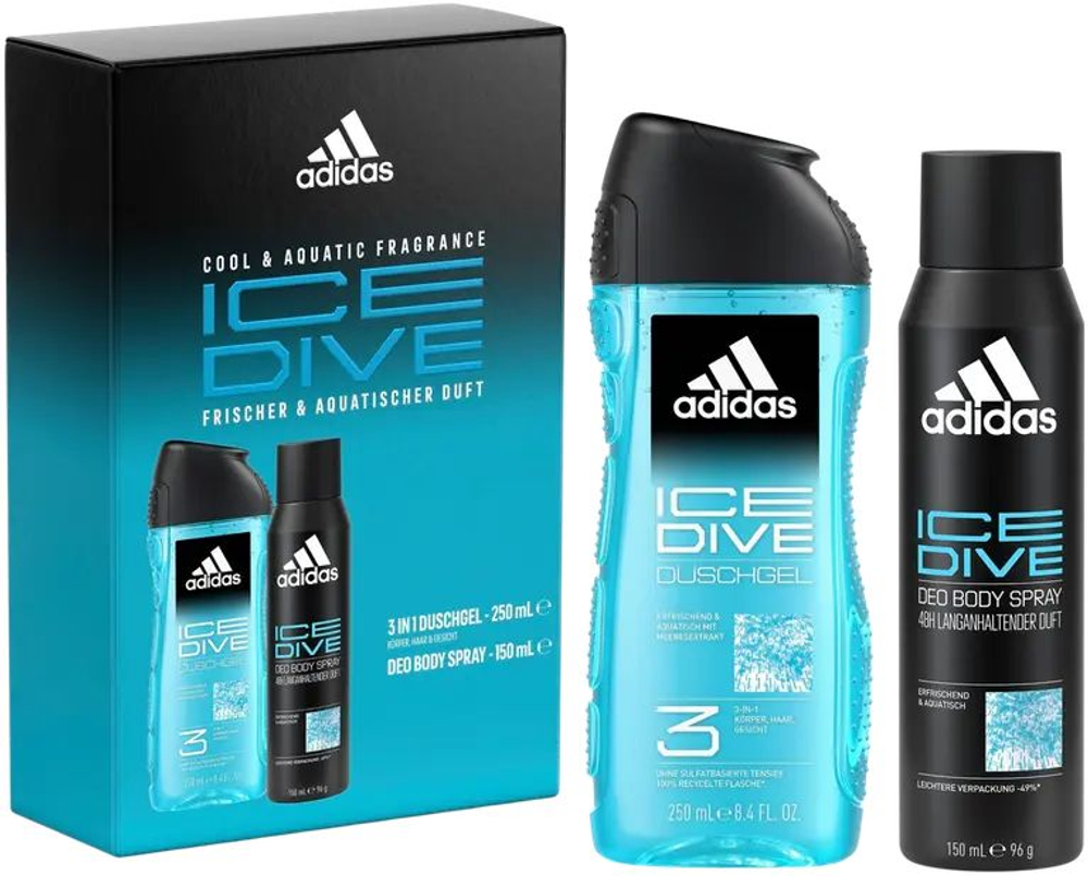 Набор подарочный мужской Adidas Ice Dive Гель для душа 3в1 250 мл и Дезодорант-спрей 150 мл (из Финляндии)