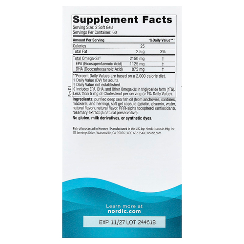 Nordic Naturals, Ultimate Omega® 2X, омега-3, лимон, 120 капсул (1075 мг в капсуле)