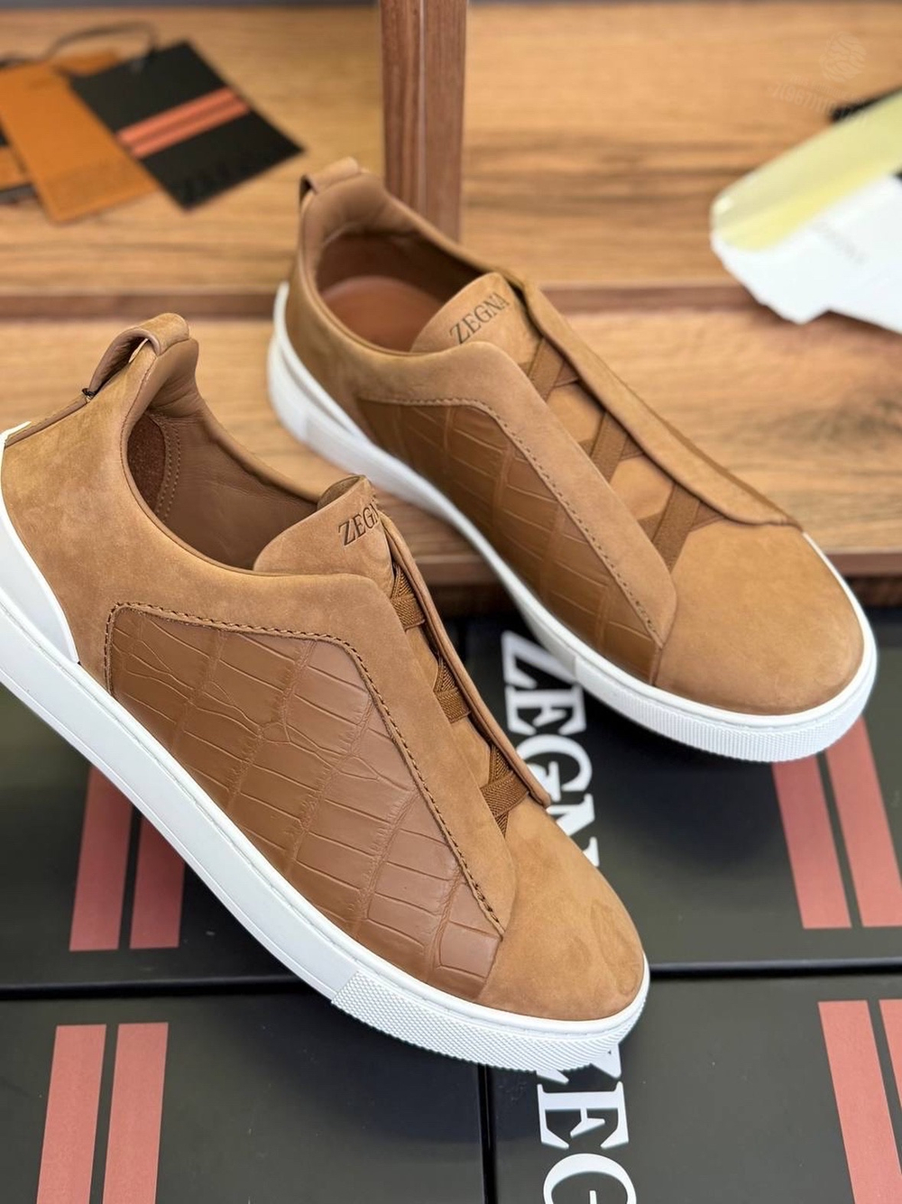 Кеды Zegna Triple Stitch с вставками кожи крокодила