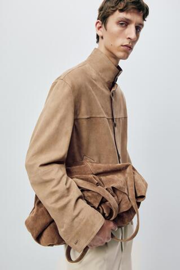 Massimo Dutti Куртка из нубуковой кожи с воротником-стойкой, бежевый