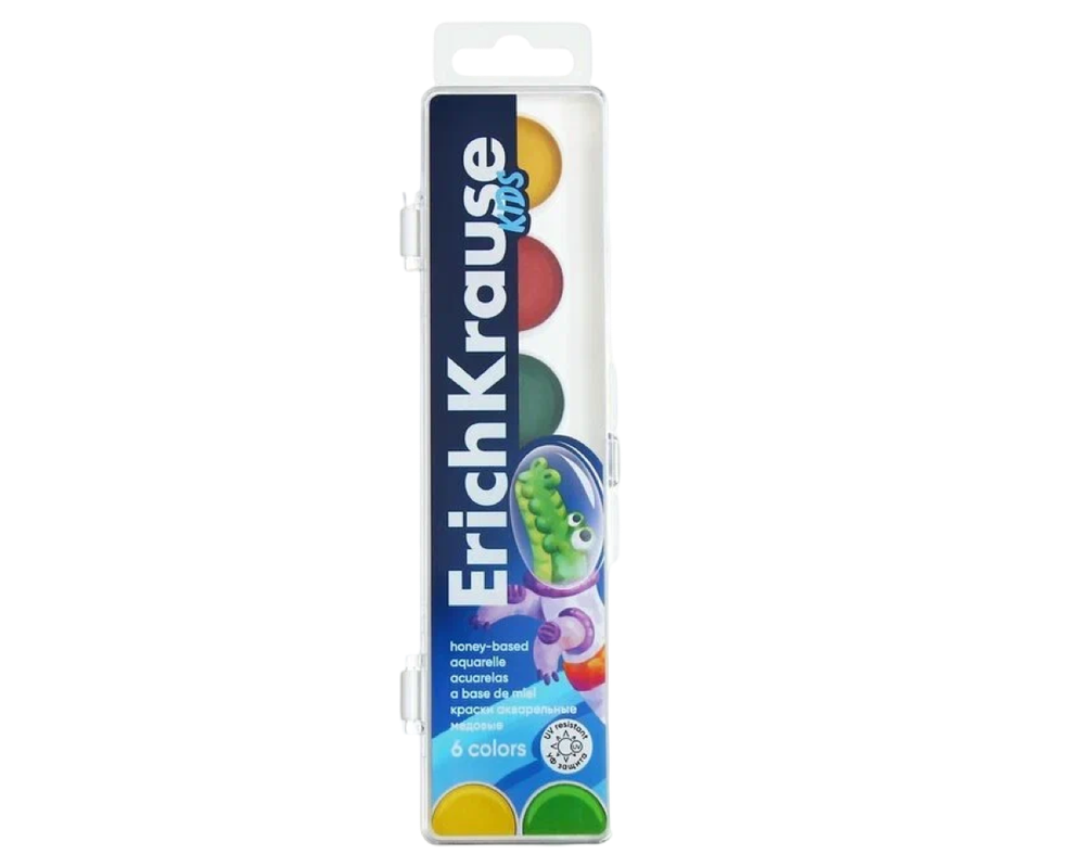 Краски акварельные ErichKrause Kids Space Animals медовые с УФ защитой яркости 6 цветов (в пластиковой коробке с европодвесом) Арт.61359
