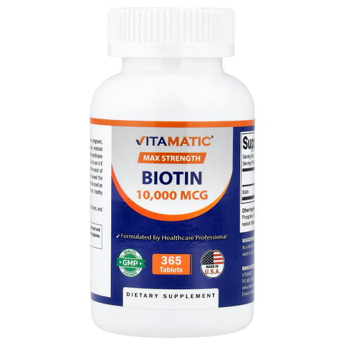 Vitamatic, Биотин, максимальная эффективность, 10 000 мкг, 365 таблеток
