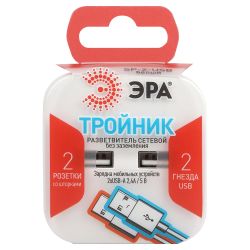 Разветвитель электрический ЭРА SP-2-USB-W на 2 розетки + 2xUSB 2400mA без заземления 10А белый | Электротовары