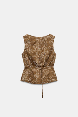 ZARA ТОП С ВЫШИВКОЙ И ПОЯСОМ, МЯГКИЙ КАШТАНОВЫЙ