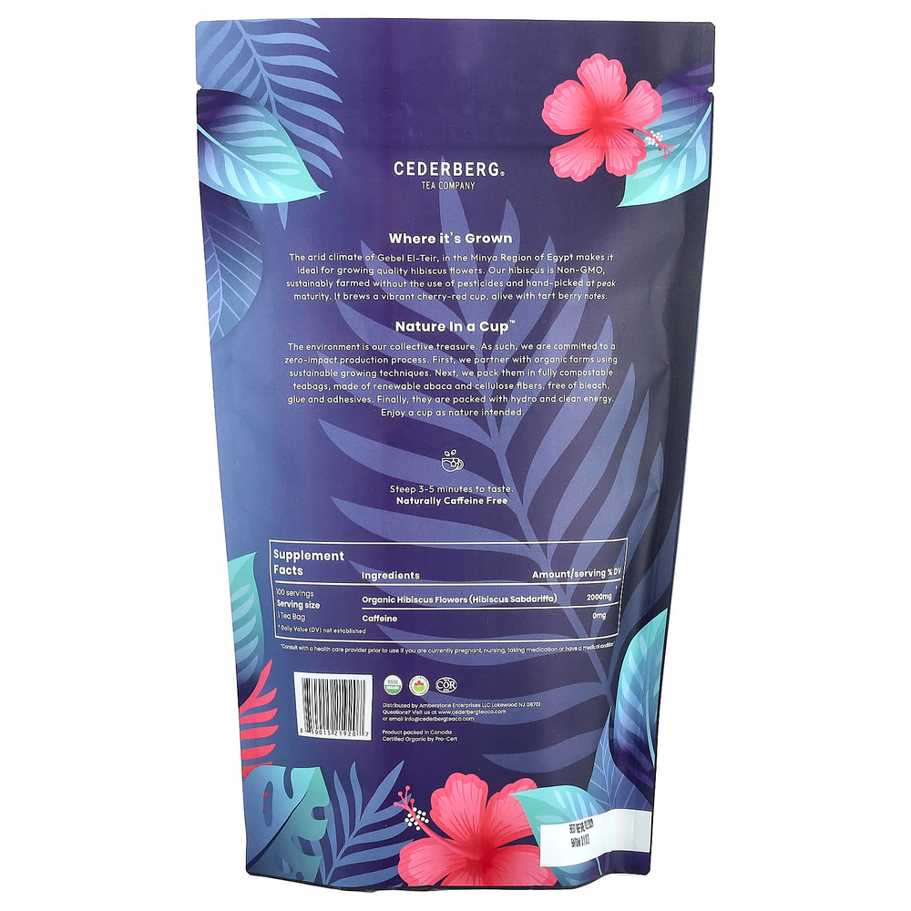 Cederberg Tea Co, Органический гибискус, без кофеина, 100 натуральных чайных пакетиков, 200 г (7 унций)