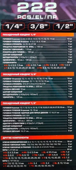 Набор инструментов 222пр. 1/4'', 3/8'', 1/2''(6гр.,12гр.) RockFORCE RF-42222-5