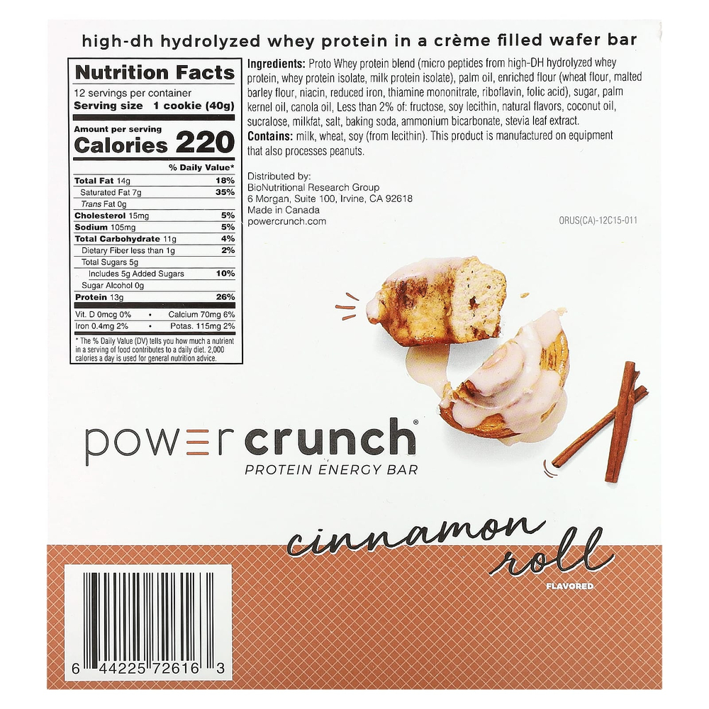 BNRG, Power Crunch®, протеиновый батончик, булочка с корицей, 12 батончиков по 40 г (1,4 унции)