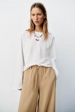 ZARA ПРЯМЫЕ БРЮКИ С ПОЯСОМ, ПЕСОЧНЫЙ