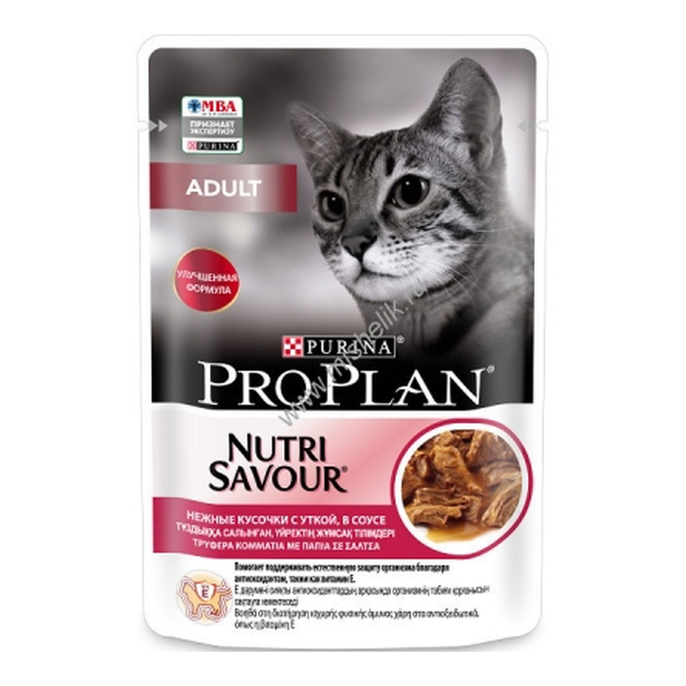 Pro Plan 85 г пауч влажный корм для взрослых кошек, нежные кусочки с уткой, в соусе