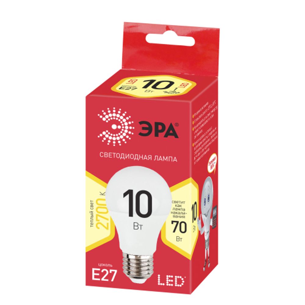 Лампа светодиодная ЭРА RED LINE ECO LED A60-10W-827-E27 10Вт груша теплый белый свет Е27 | Лампы cветодиодные Груша (A)