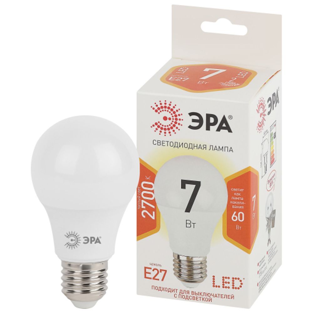 Лампочка светодиодная ЭРА STD LED A60-7W-827-E27 7Вт груша теплый белый свет Е27 | Без бренда