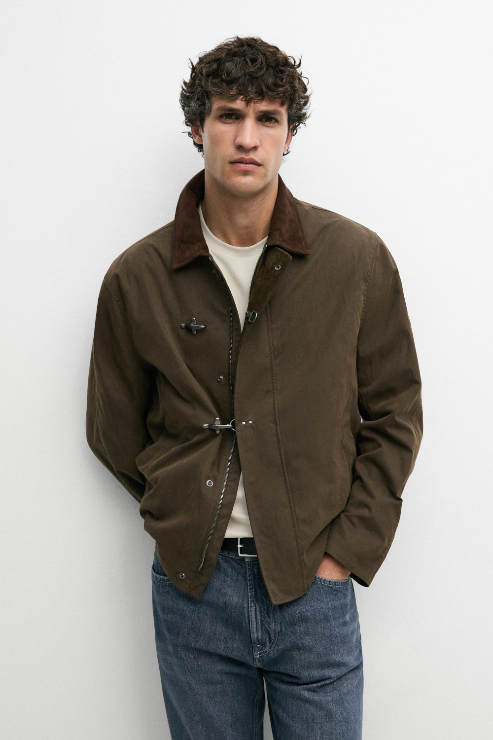 Massimo Dutti Куртка с кожаным воротником, темный хаки