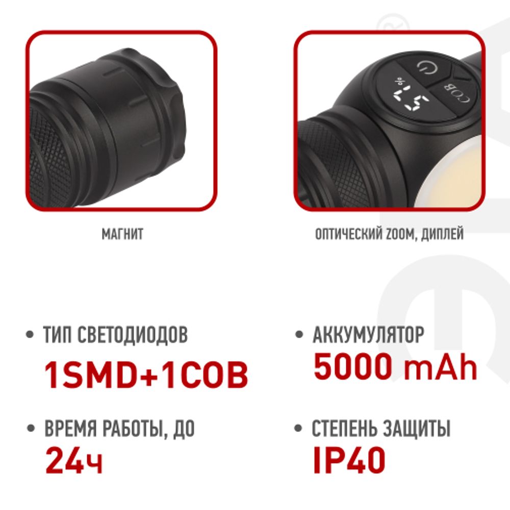 Светодиодный фонарь ЭРА UA-802 универсальный 10 Вт LED + 3 Вт COB 9 режимов Zoom дисплей магнит powerbank USB type C | Универсальные  фонари