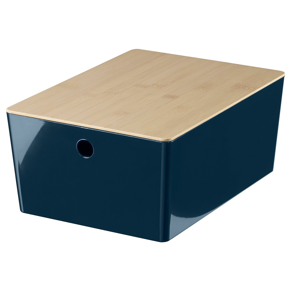 IKEA KUGGIS  (ИКЕА КУГГИС)  -  Контейнер с крышкой - чёрно-синий/бамбук 26x35x15 см