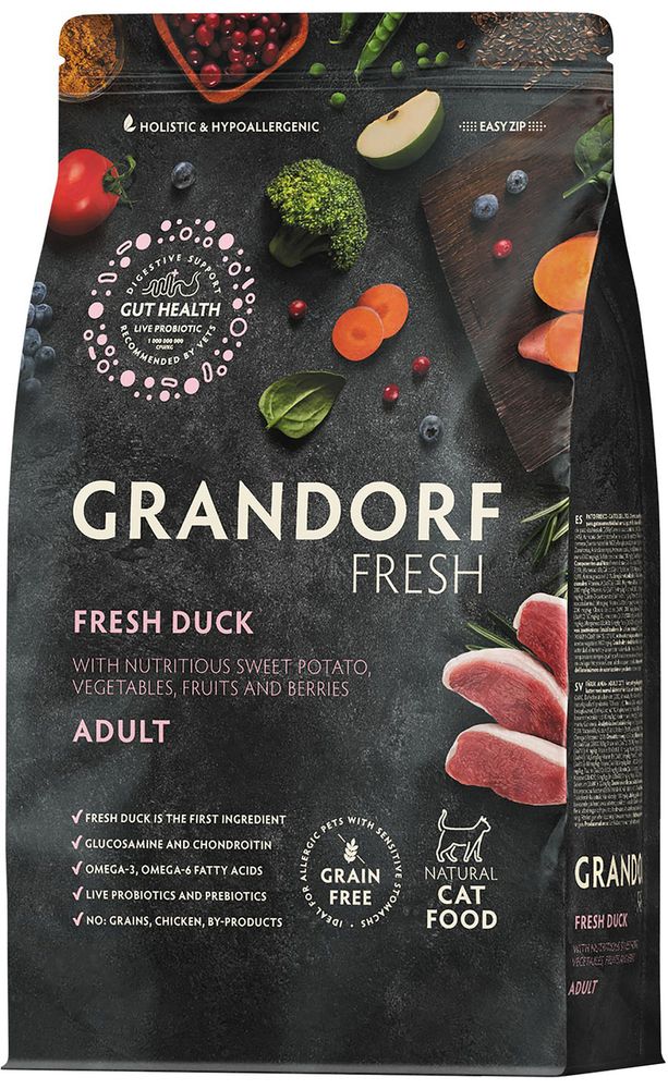 Grandorf Fresh 2кг Holistic Duck&amp;Sweet Potato Сухой корм для кошек, свежее мясо утки с бататом