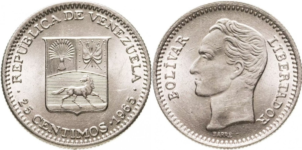 Венесуэла 25 сентимо, 1965 Симон Боливар XF