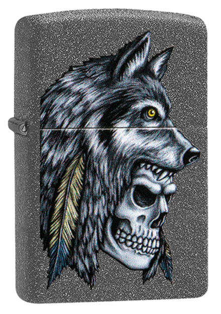 Зажигалка Zippo Wolf Skull с покрытием Iron Stone, латунь/сталь, серая, матовая, 38x13x57 мм