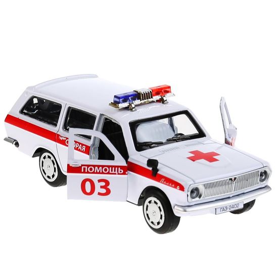 Машина металл ГАЗ-2402 "ВОЛГА" СКОРАЯ 12 см, двери, багаж, белая, в кор. Технопарк