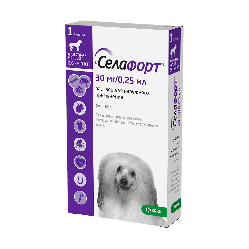 СЕЛАФОРТ Капли от блох, ушных клещей и гельминтов для собак массой 2,6-5,0 кг