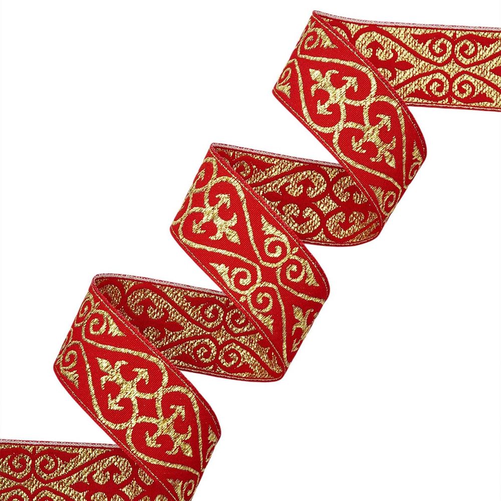 Лента (тесьма) жаккардовая 32.0 мм / 25 метров, с метанитом, рис. 9793, красный / золото