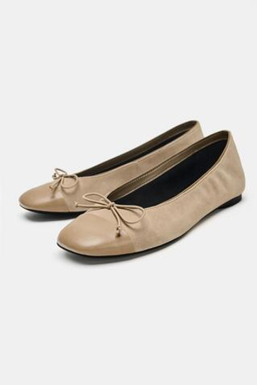ZARA КОМБИНИРОВАННЫЕ КОЖАНЫЕ БАЛЕТКИ, БЕЖЕВЫЙ