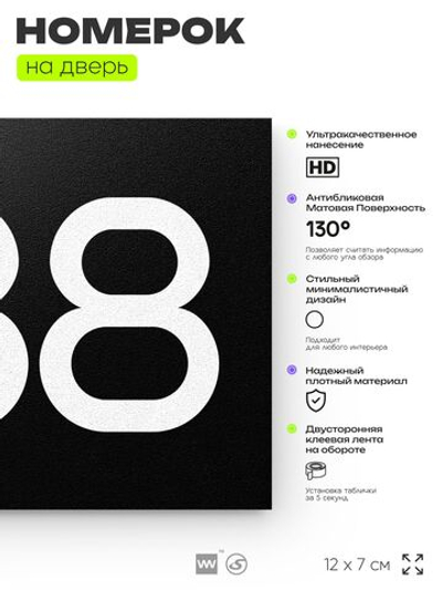 Номер на дверь 988, табличка на дверь для офиса, квартиры, кабинета, аудитории, склада, черная 120х70 мм, Айдентика Технолоджи