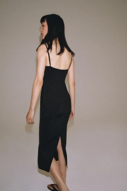 ZARA ПЛАТЬЕ МИДИ ИЗ СМЕСОВОГО ПОЛИАМИДА, ЧЕРНЫЙ