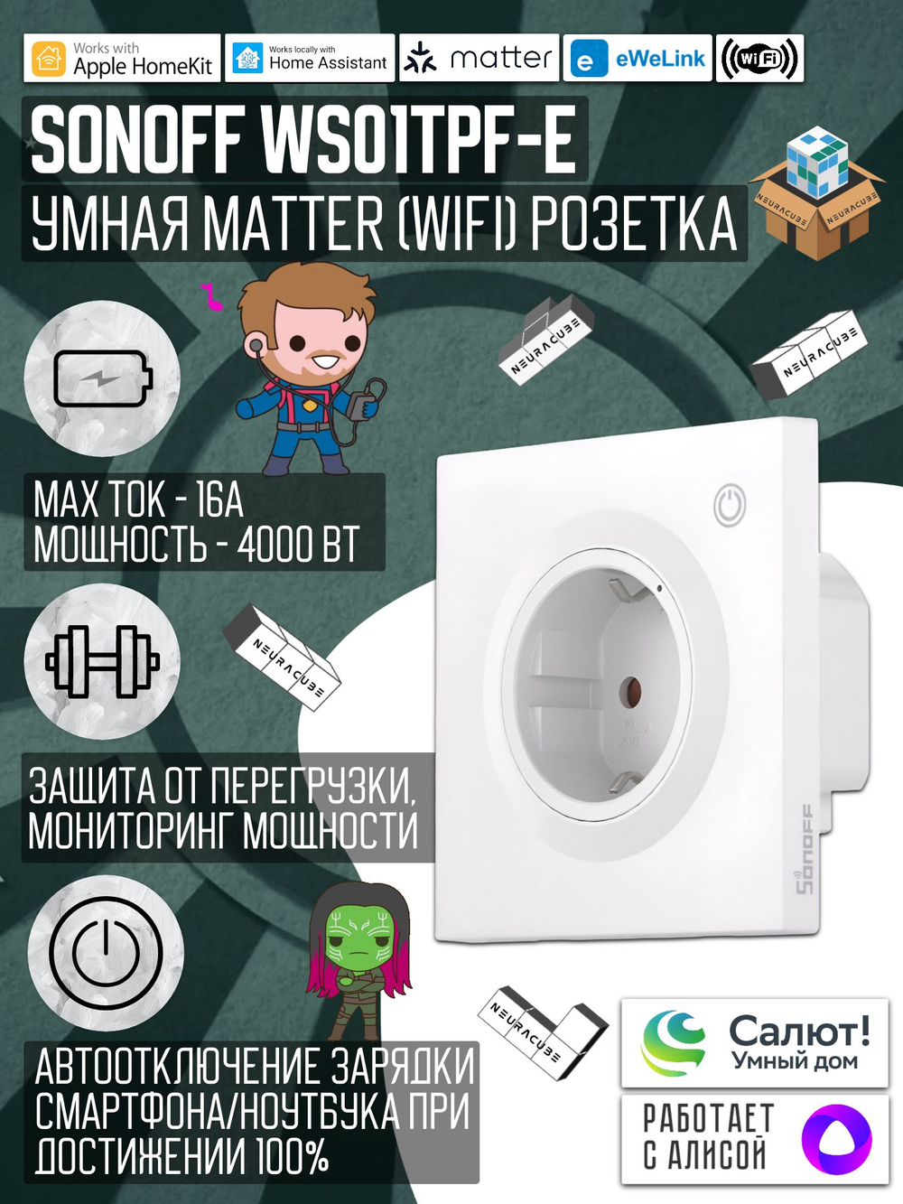 Маtter (Wifi) Розетка SONOFF WS01TPF-E Max16A (Работает с Алисой)