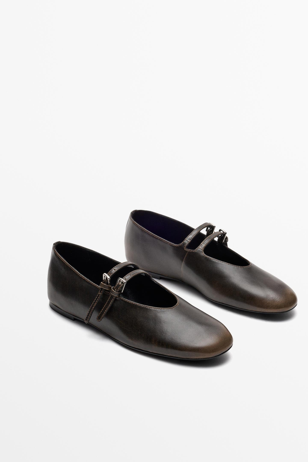Massimo Dutti Кожаные балетки с двумя ремешками, коричневый