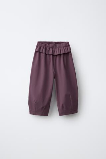 ZARA БРЮКИ BALLOON ИЗ ТЕХНИЧЕСКОЙ ТКАНИ С ОБОРКОЙ, БАКЛАЖАННЫЙ