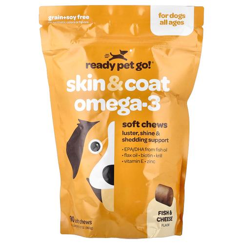 Ready Pet Go, Omega Health Chews, поддержка кожи и шерсти для собак всех возрастов, рыбий жир + сыр, 90 мягких жевательных таблеток