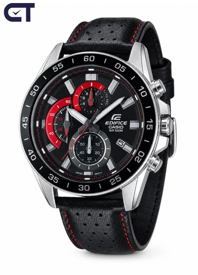 CASIO EFV-550L-1AVUDF EDIFICE мужские наручные часы — крупный хронограф с чёрным циферблатом и кожаным ремешком