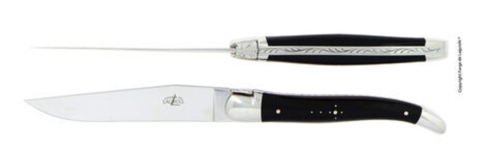 Set of 2 table knives, 2 stainless steel bolsters, dark horn tip handle