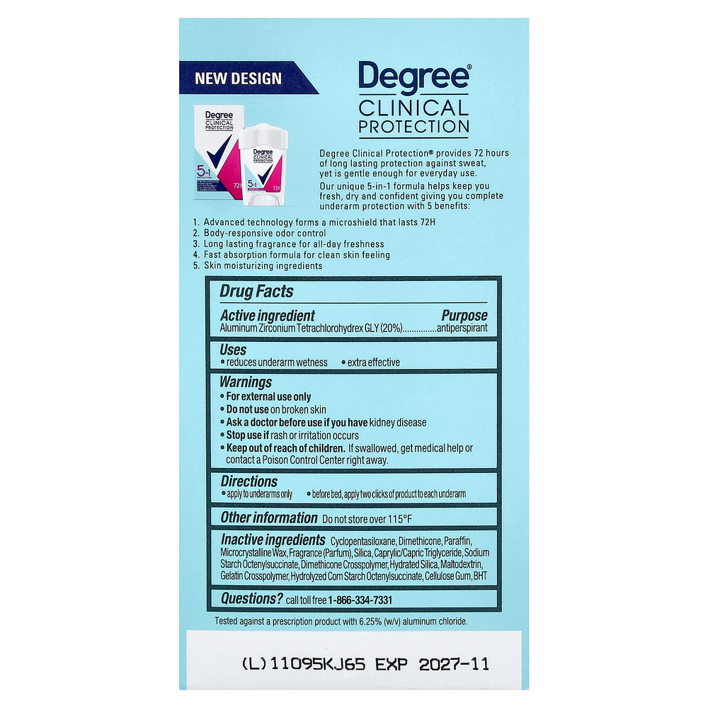 Degree, Clinical Protection, защита 5 в 1, дезодорант-антиперспирант, мягкое твердое вещество, 48 г (1,7 унции)