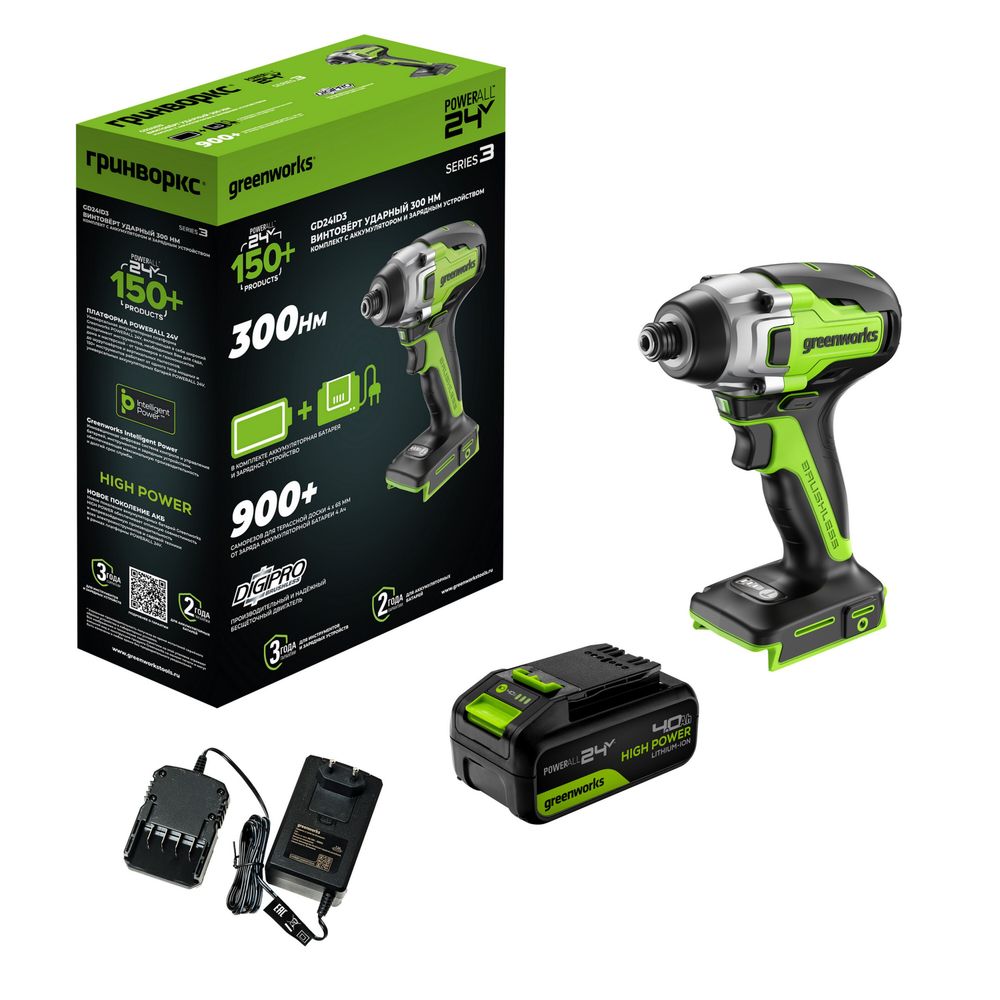 Винтоверт ударный акк. Greenworks GD24ID3, 24V, б/щет, 0-2800об/мин, 4000уд/мин, HEX 1/4, 300Нм, 3 режима,1x4Ач,ЗУ,кор (3802807CUB)
