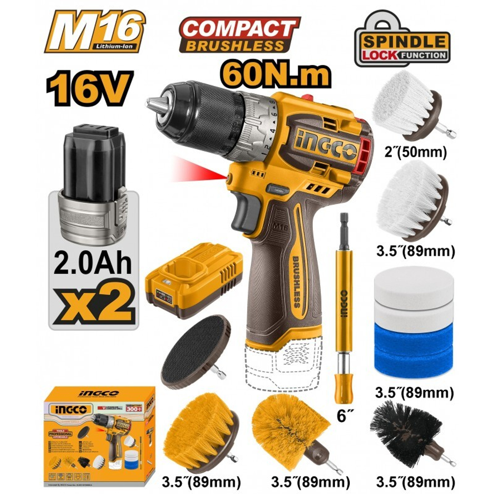 Аккумуляторный бесщеточный шуруповерт INGCO COSLI240786 INDUSTRIAL 16 В 60 Нм 22+1