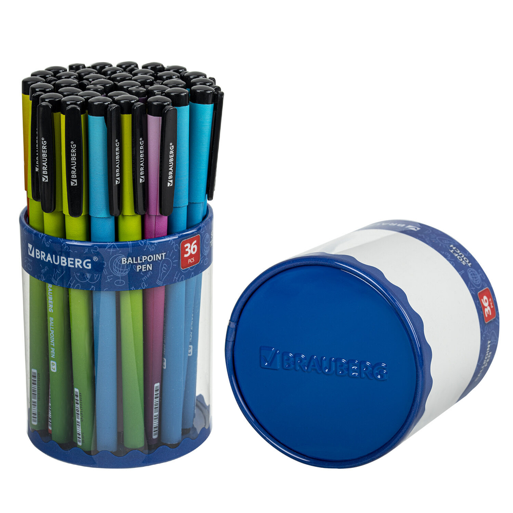 Ручка шариковая BRAUBERG SOFT TOUCH GRIP «GRADE NEON», СИНЯЯ, мягкое покрытие, ассорти, узел 0,7 мм, В НАБОРЕ 36 ШТУК.