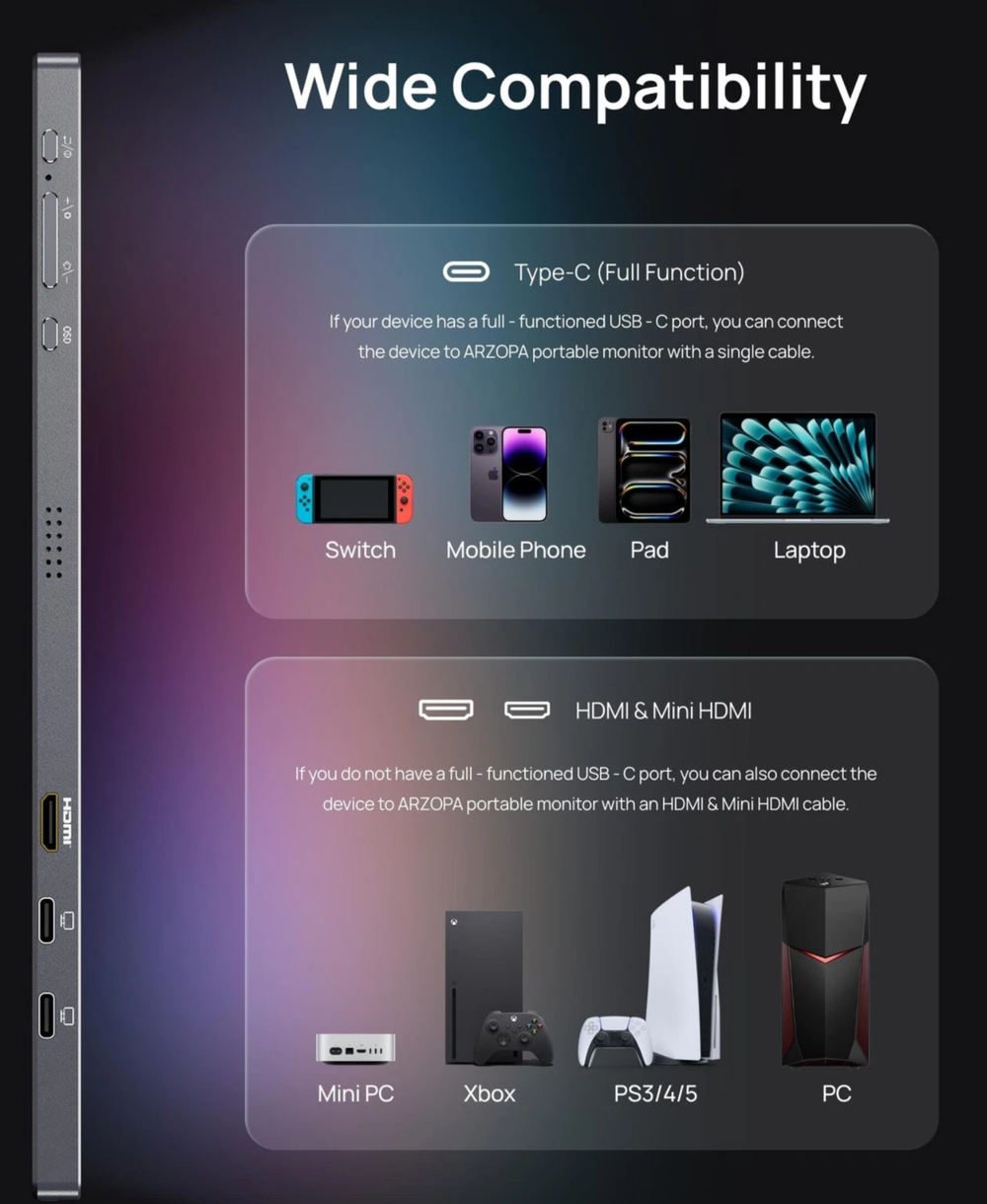 16.1" Портативный монитор ARZOPA 2K IPS 2560x1440, 180 Гц