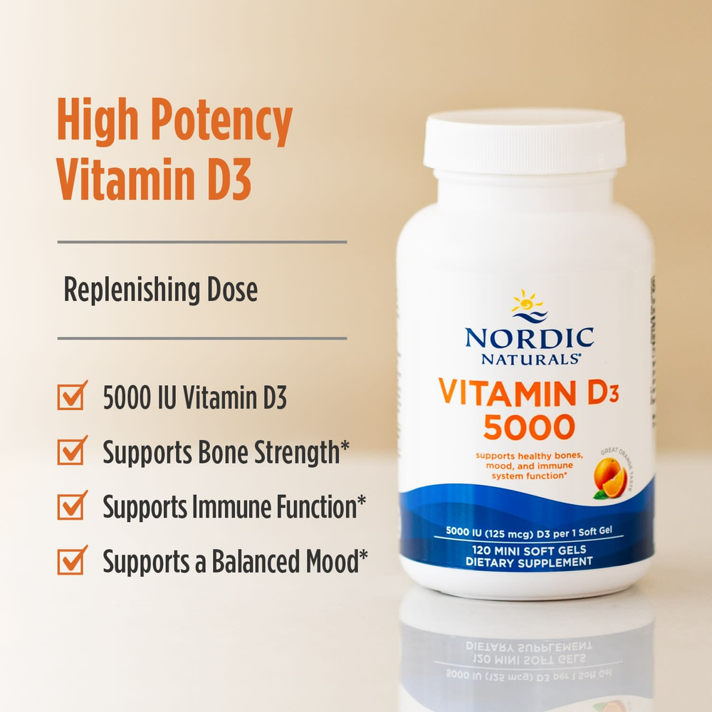 Nordic Naturals, Витамин D3 5000, апельсин, 125 мкг (5000 МЕ), 120 мягких таблеток