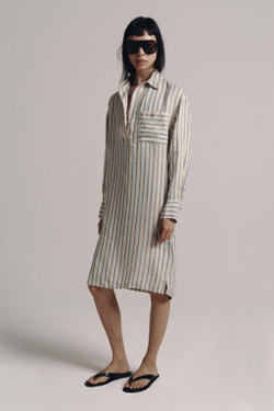 ZARA ПЛАТЬЕ-РУБАШКА В ПОЛОСКУ ИЗ 100% ЛЬНА — ZW COLLECTION, СИНИЙ