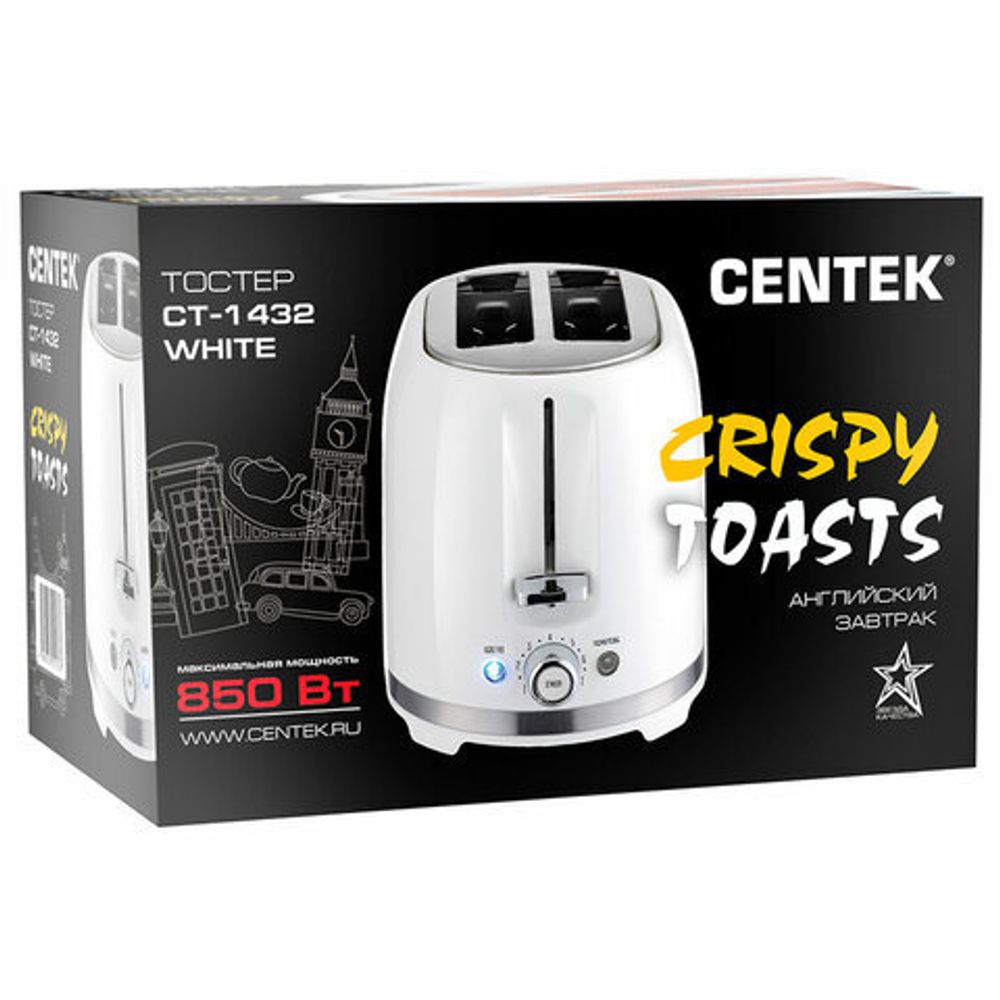 Тостер CENTEK CT-1432, 850 Вт, 2 тоста, 7 режимов, пластик, белый, CT-1432 WHITE